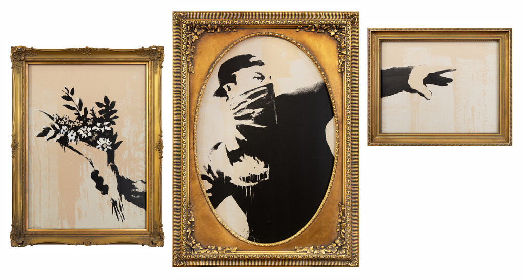 Three ornate gold frames divide a flower-throwing figure into bouquet, masked face and outstretched hand.