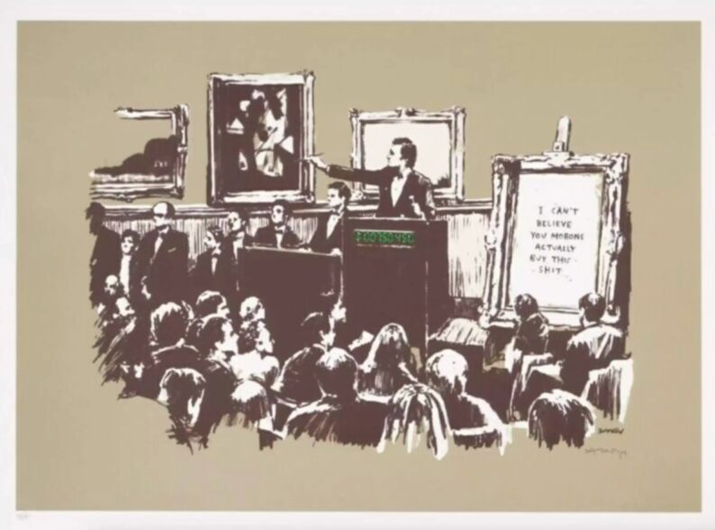 A sepia auction scene shows an auctioneer and seated bidders beside a panel reading “I CAN'T BELIEVE YOU MORONS ACTUALLY BUY THIS SHIT”.