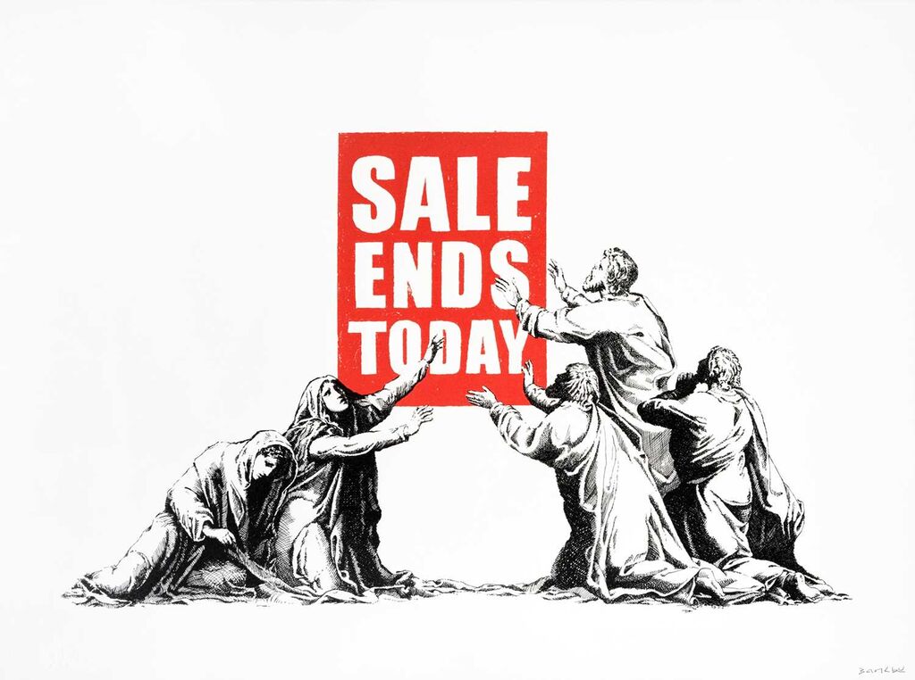 Knäböjande figurer som sträcker sig mot en röd skylt med texten SALE ENDS TODAY mot vit bakgrund.
