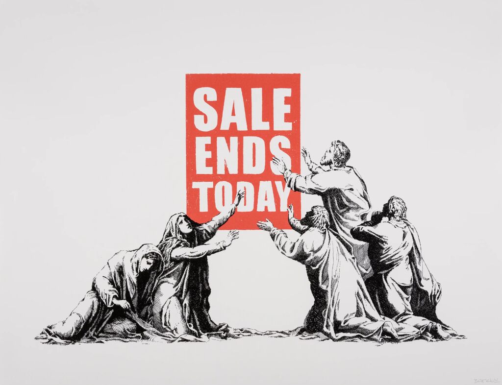 Robed figures kneel and reach toward a red Sale Ends Today sign on pale grey.