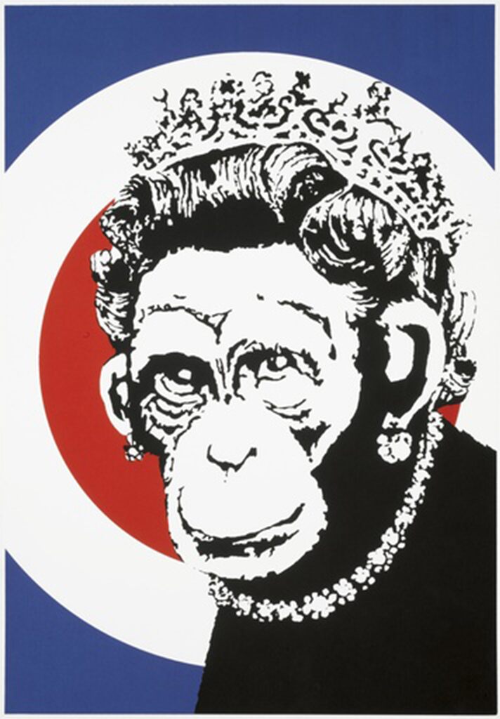 A black-and-white monkey face with crown and pearl necklace is centered over a blue, white and red circular ground.