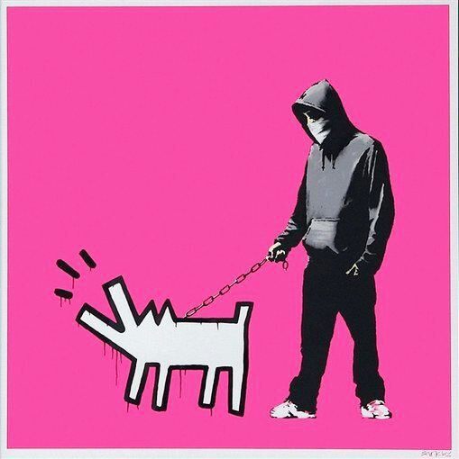 A hooded figure holds a chain leading to a white outlined dog on hot pink.