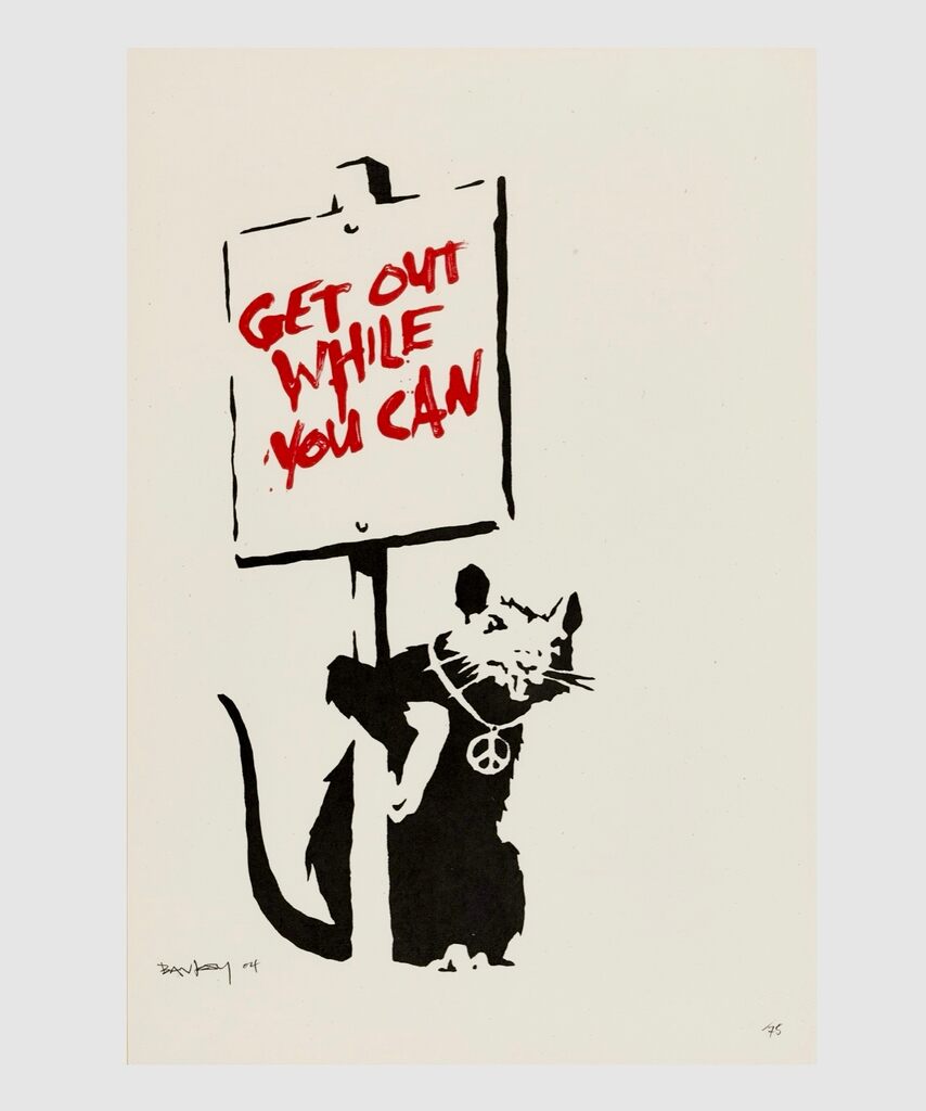 Rat carrying a red-lettered 'Get out while you can' sign on cream.