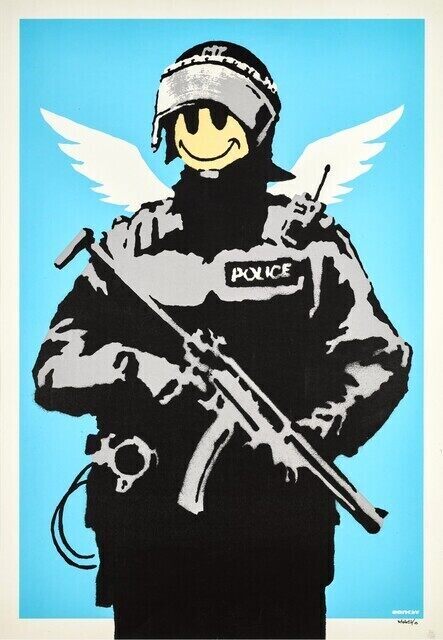 Armed police figure with a yellow smiley face and white wings against blue.