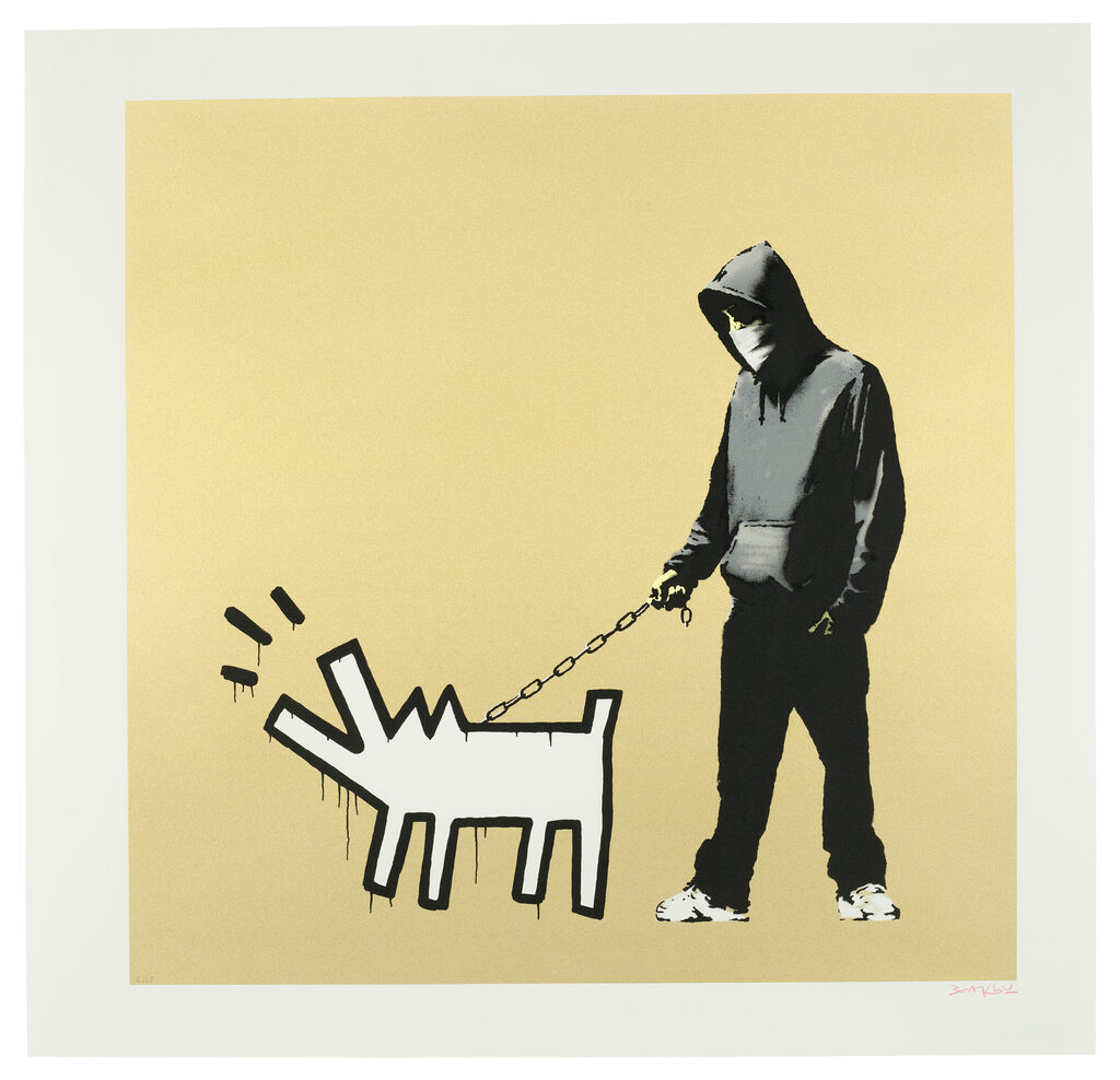 Hooded person holding a chain attached to a white outlined dog against yellow.