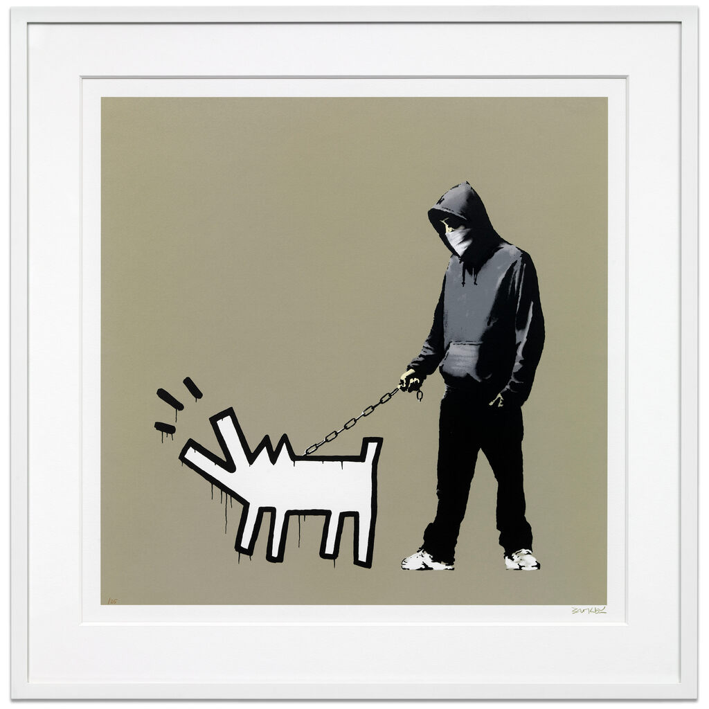 White-framed hooded figure holding a chain attached to an outlined dog against olive.