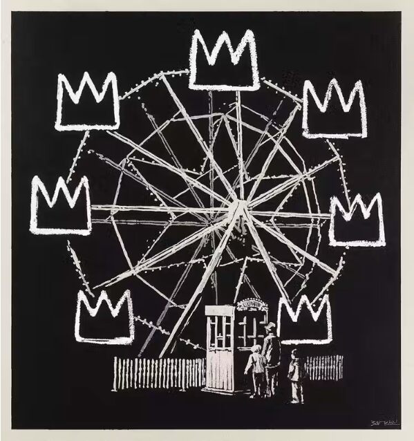 White Ferris wheel with crown gondolas on black within a cream border.