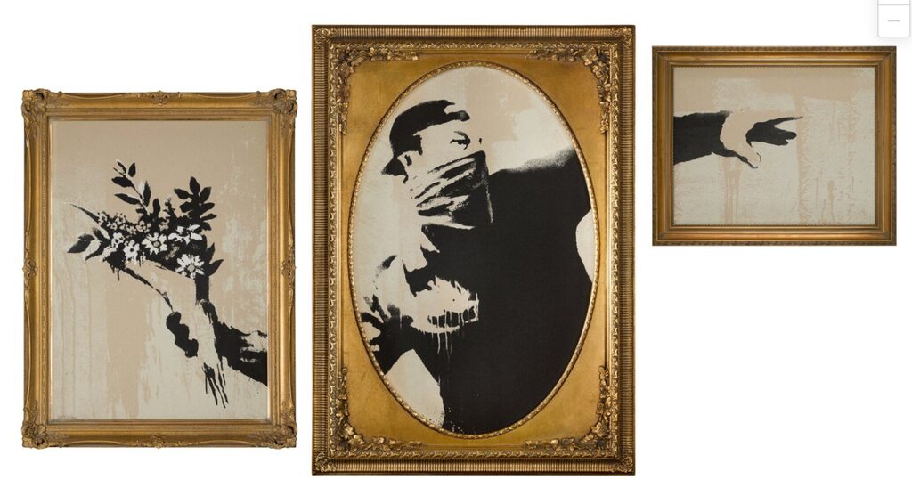 Three ornate gold frames divide an image of a masked figure throwing flowers.