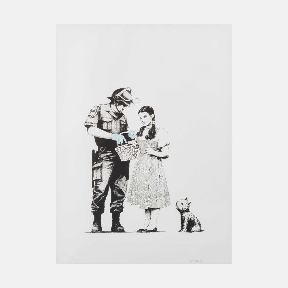 A uniformed officer in a helmet and blue gloves examines a wicker basket held by a girl in a light dress, while a small dog sits beside them.
