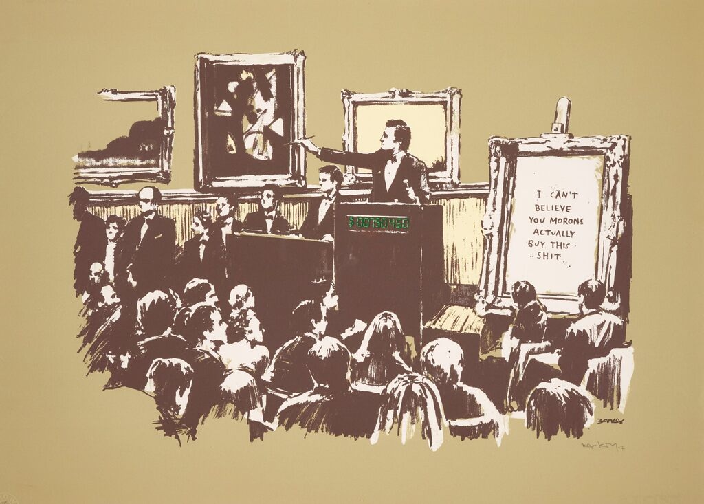 A sepia auction scene shows an auctioneer and seated bidders beside a panel reading “I CAN'T BELIEVE YOU MORONS ACTUALLY BUY THIS SHIT”.