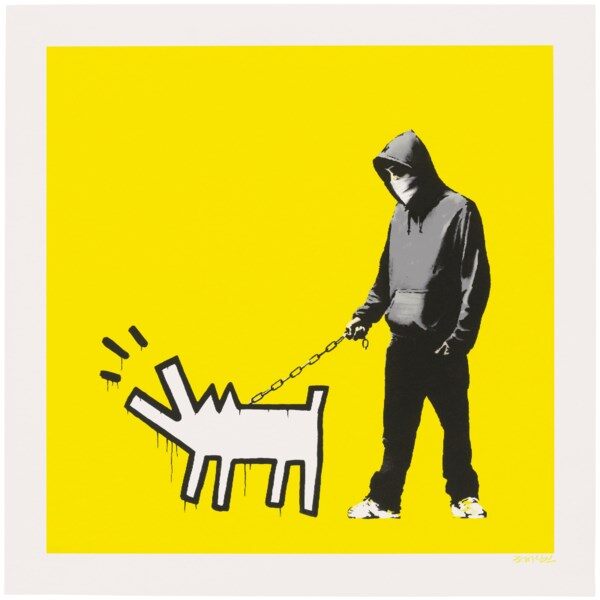A hooded figure with an outlined barking dog on a chain against yellow.