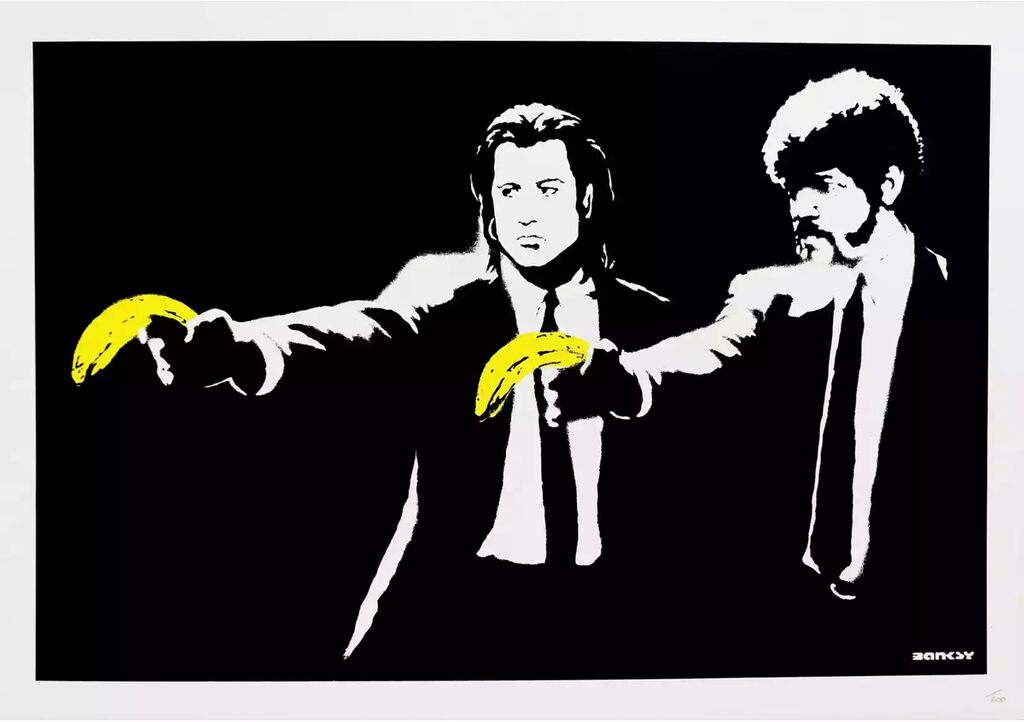 Two suited men extend yellow bananas like pistols against black.