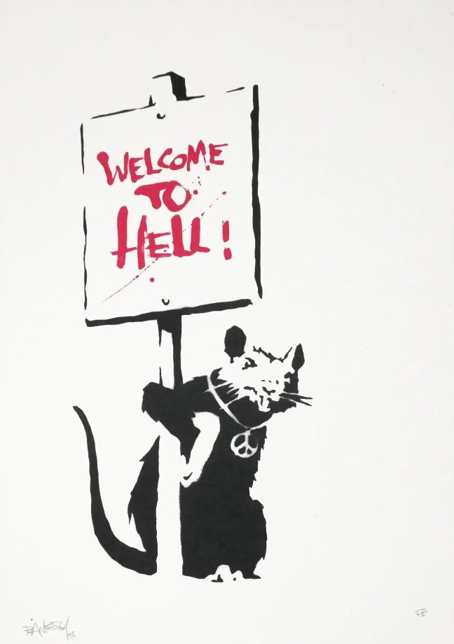 Black rat wearing a peace-symbol necklace and holding a sign with red Welcome to Hell lettering.