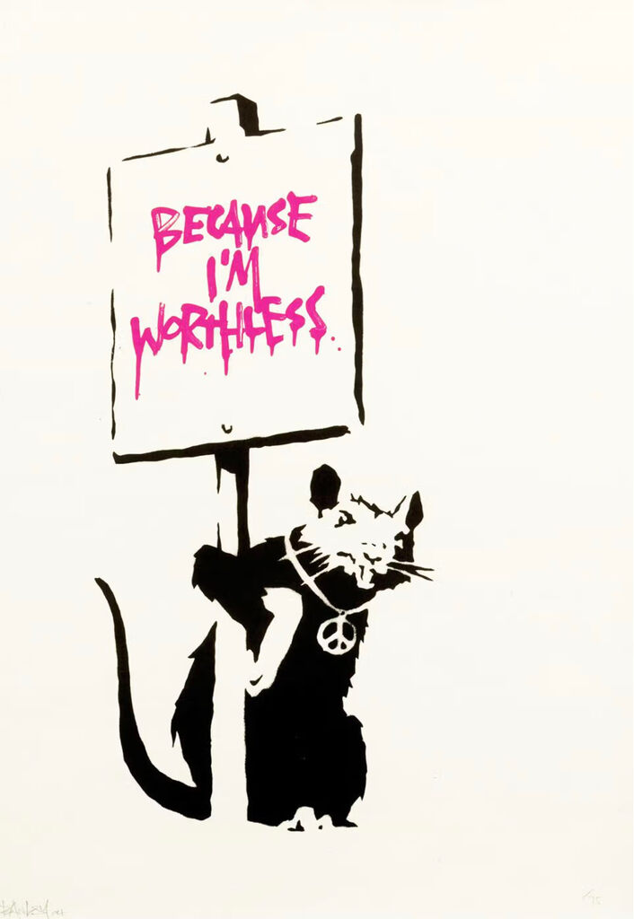 A rat with a peace-symbol necklace holds a placard reading BECAUSE I'M WORTHLESS in pink.