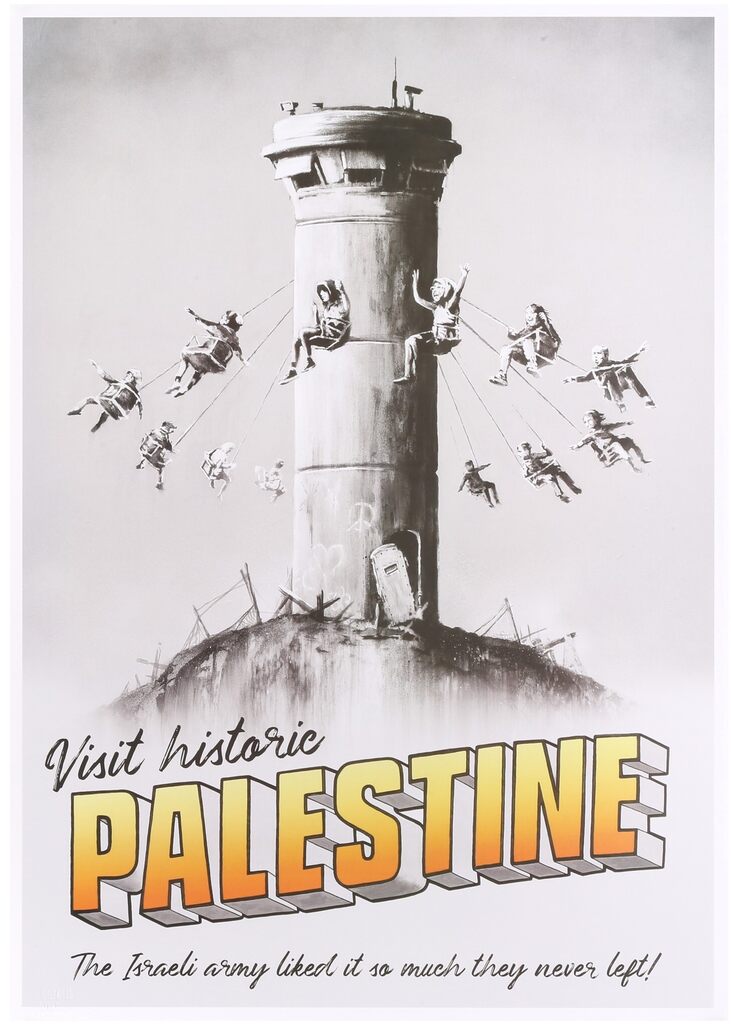 A poster reading Visit Historic Palestine shows a tall watchtower with suspended swing seats.