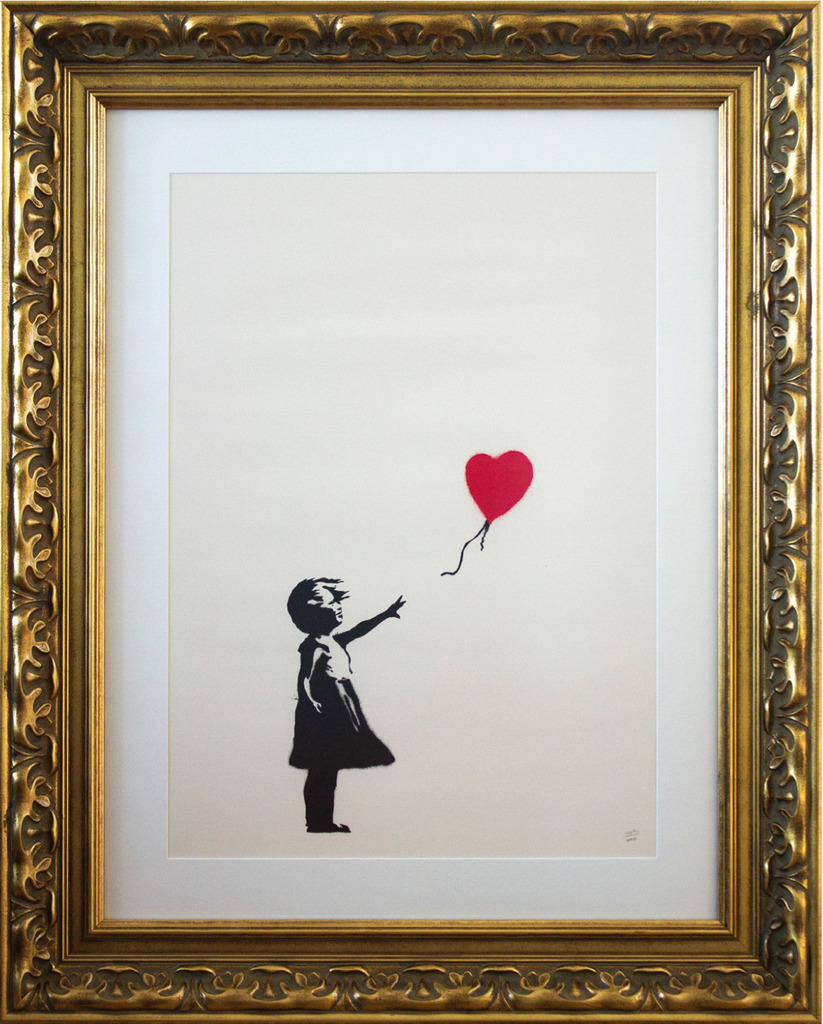 A black-and-white girl stands with one arm outstretched; a red heart-shaped balloon floats above and to her right, its loose string clear of her hand.