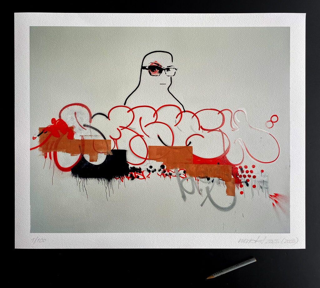 Framed red graffiti-like loops and black outline of a figure on pale grey.