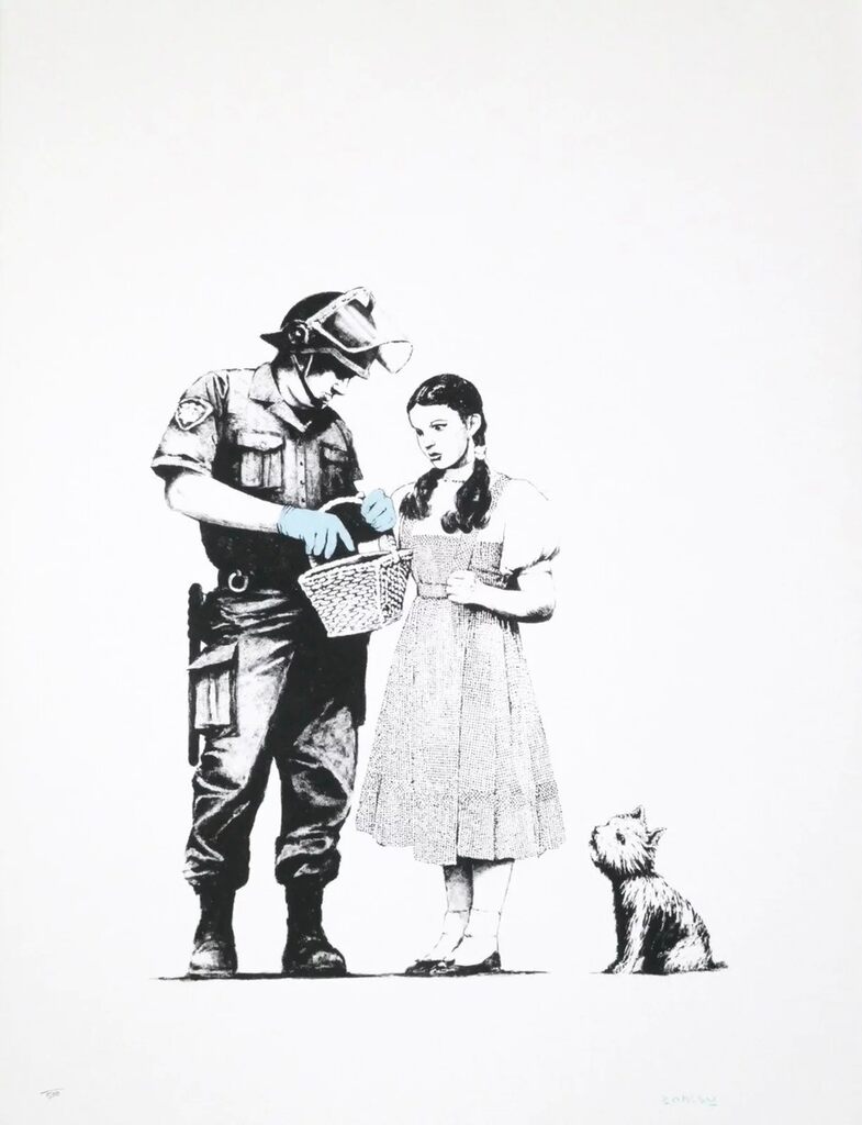 Uniformed figure checks a girl's basket beside a small seated dog.