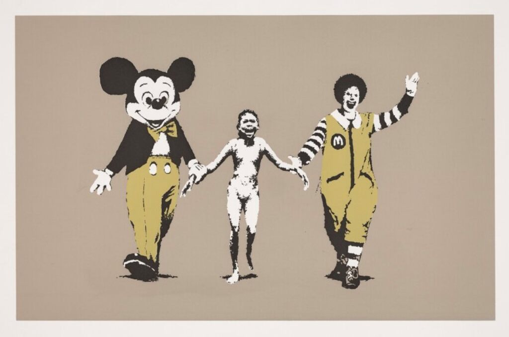 Black-and-white child between two cartoon-like figures with yellow clothing against taupe.