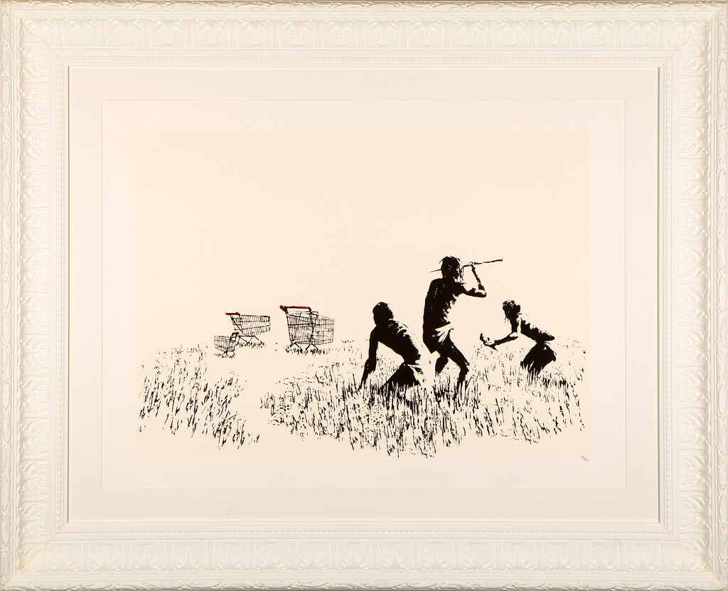 Ornate white-framed scene of three figures hunting shopping carts.