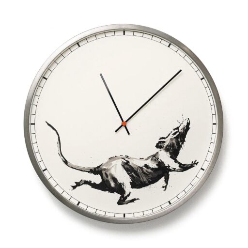 A black-and-white rat stretches across the lower half of a pale clock face, beneath two black hands.