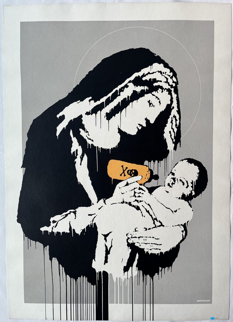 Veiled woman cradling a baby beside a yellow object, with black drips on gray.