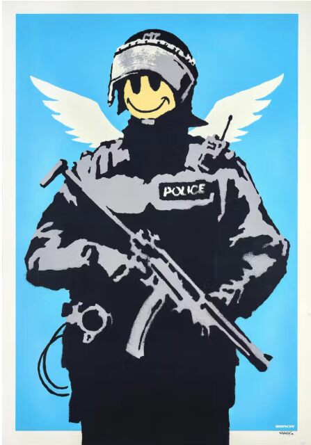 Armed police figure with yellow smiley face and white wings on blue.