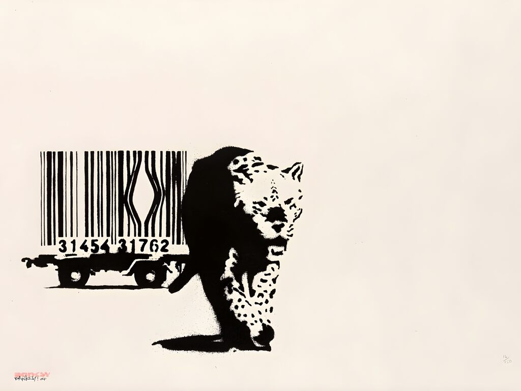A black-and-white leopard walks out in front of a wheeled cage whose bars form a barcode, with a gap in the bars behind it.