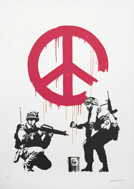 Two soldiers appear beneath a large red peace symbol: one crouches with a rifle while the other holds a paintbrush beside a paint tin.