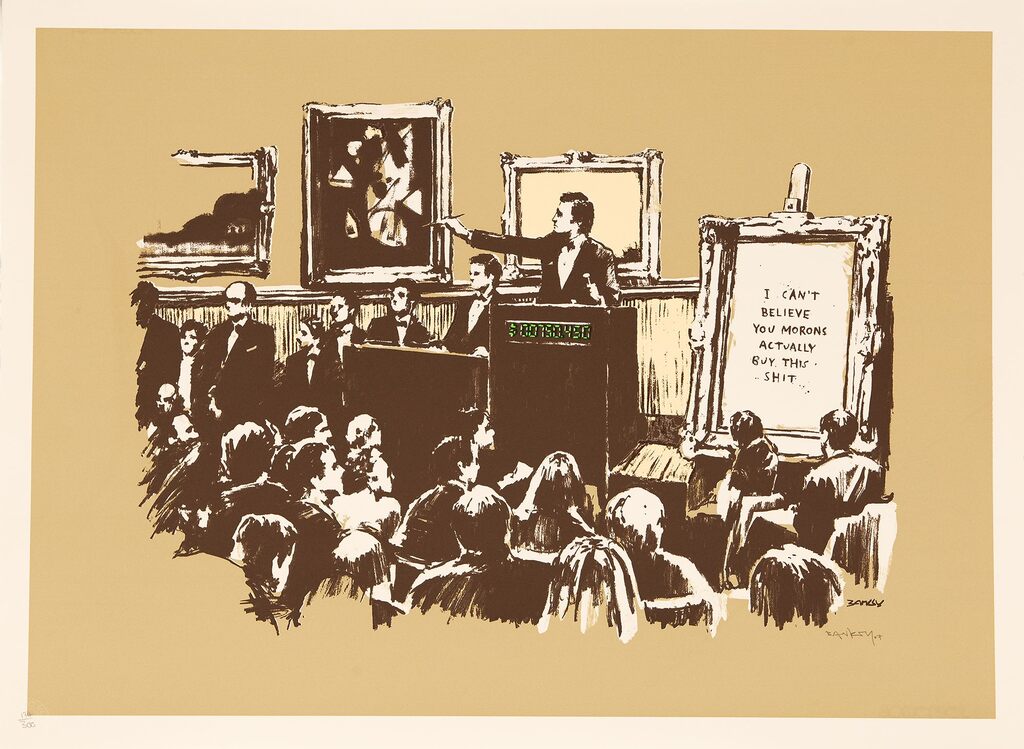 A sepia auction scene shows an auctioneer and seated bidders beside a panel reading “I CAN'T BELIEVE YOU MORONS ACTUALLY BUY THIS SHIT”.