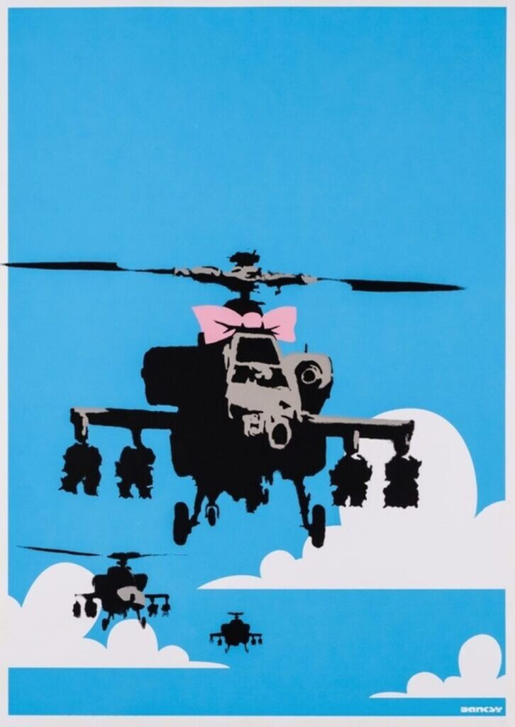 Helicopters fly among white clouds against blue, with a pink bow on the largest.