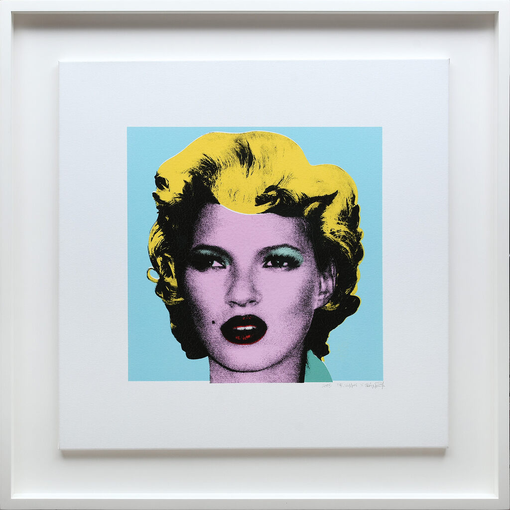 A pale-framed colourful portrait with yellow curls, pink face and turquoise background.