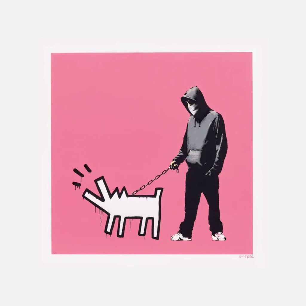A hooded figure holds an outlined dog on a chain against pink.