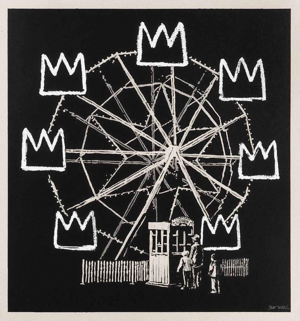 A white Ferris wheel with crown-shaped seats and small figures at its base against black.