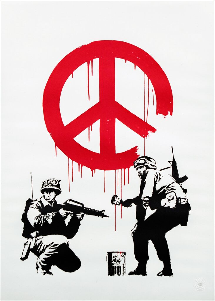 Two soldiers appear beneath a large red peace symbol: one crouches with a rifle while the other holds a paintbrush beside a paint tin.