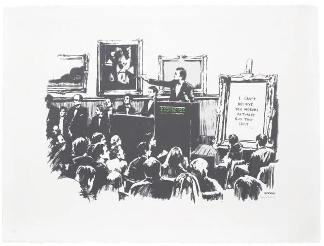 Black-and-white auction-room crowd facing framed pictures and an auctioneer, with a small green accent.
