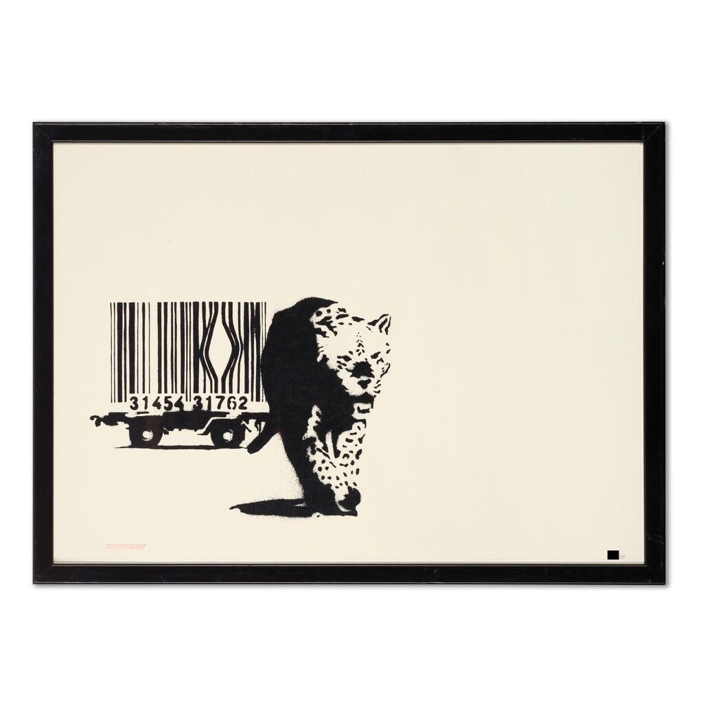 Leopardo em preto e branco em moldura preta caminhando para longe de uma jaula de código de barras sobre fundo creme.