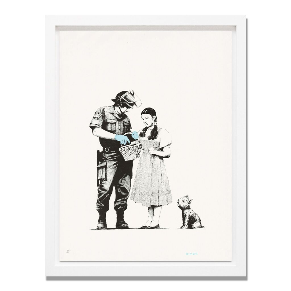 A white-framed print shows a uniformed figure examining a girl's basket with a dog beside her.