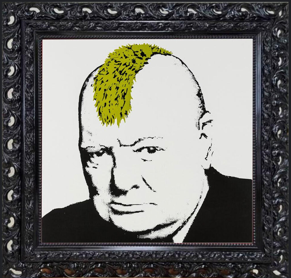 Ornate dark-framed monochrome portrait of a suited man with a yellow-green strip of hair.