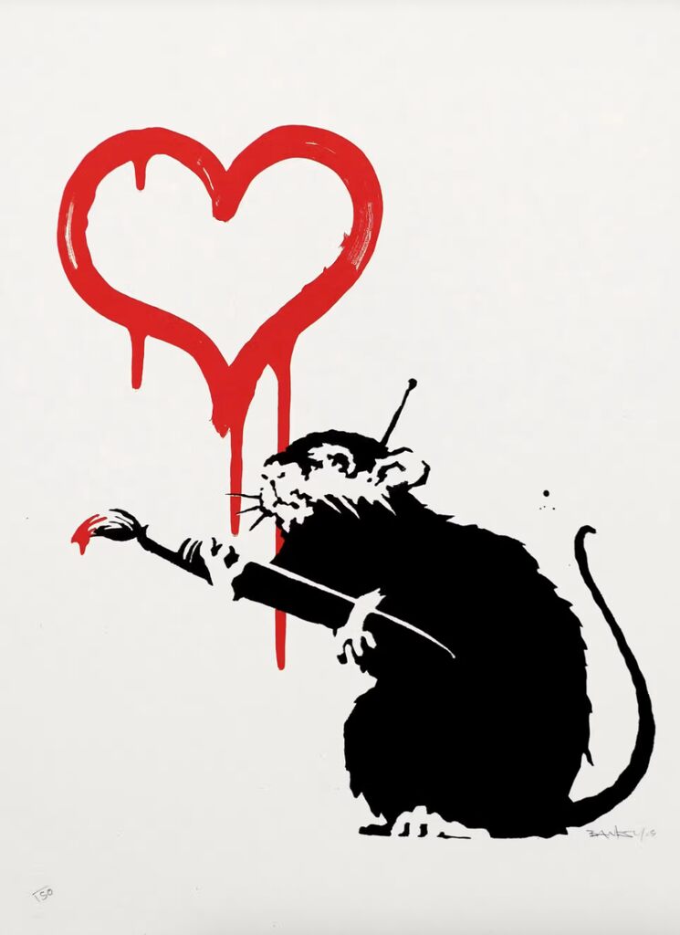 A red heart outline with descending lines appears above a black rat with white face markings and whiskers, tail curling right, holding a brush with red tip extended left.