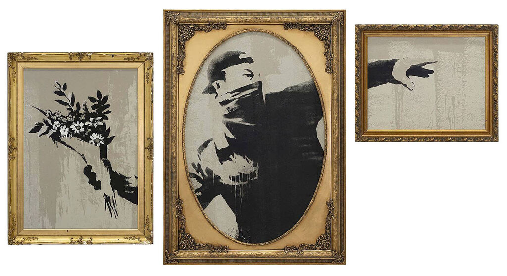 Three gold frames combine a bouquet, masked flower thrower and outstretched hand.