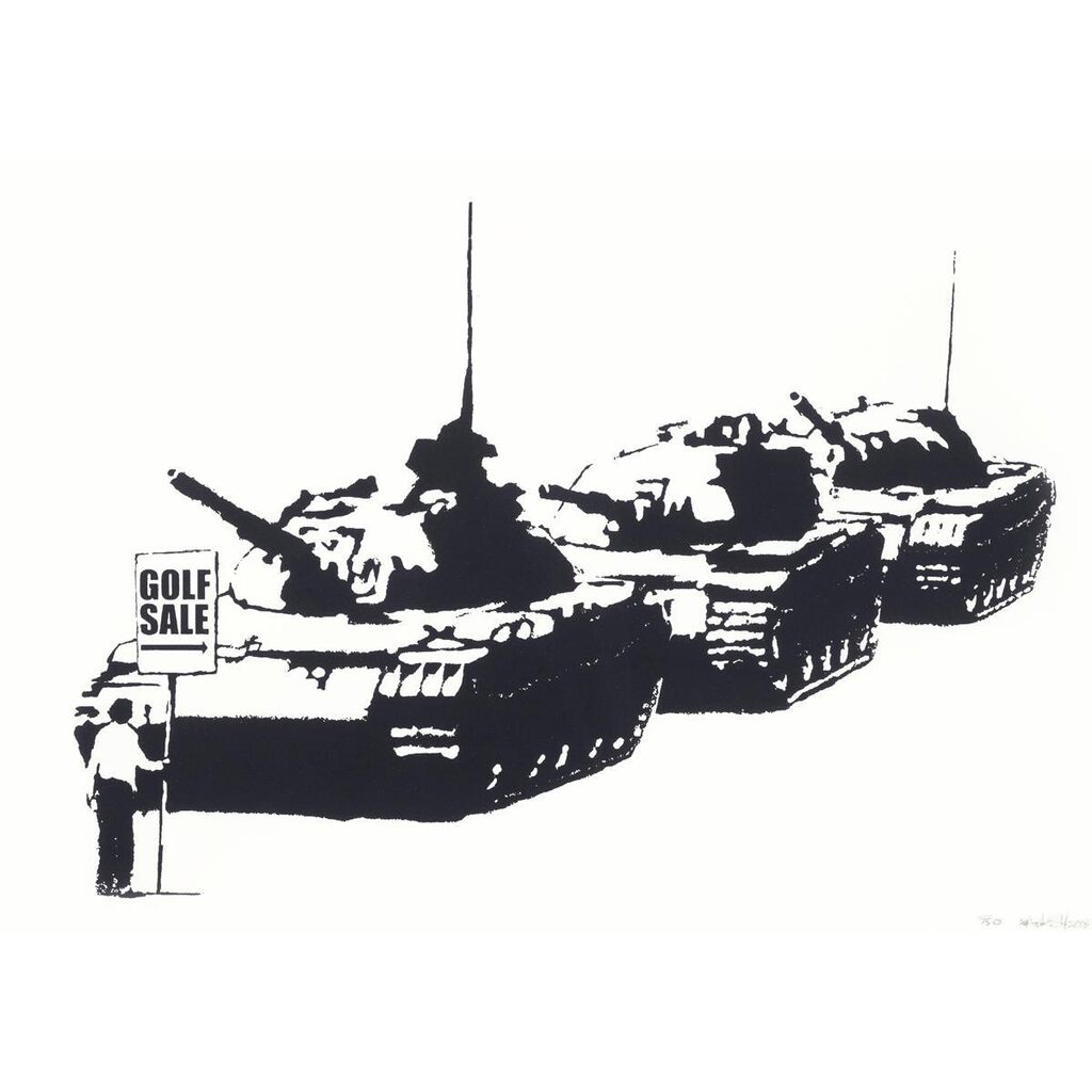 A figure holding a Golf Sale sign stands before a line of black tanks.