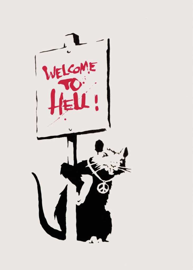 Un topo nero tiene un cartello con la scritta Welcome to Hell in rosso.