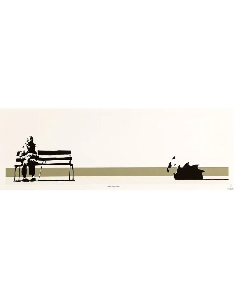 A person sits on a bench at one end of a narrow olive band, facing a distant dark shape.