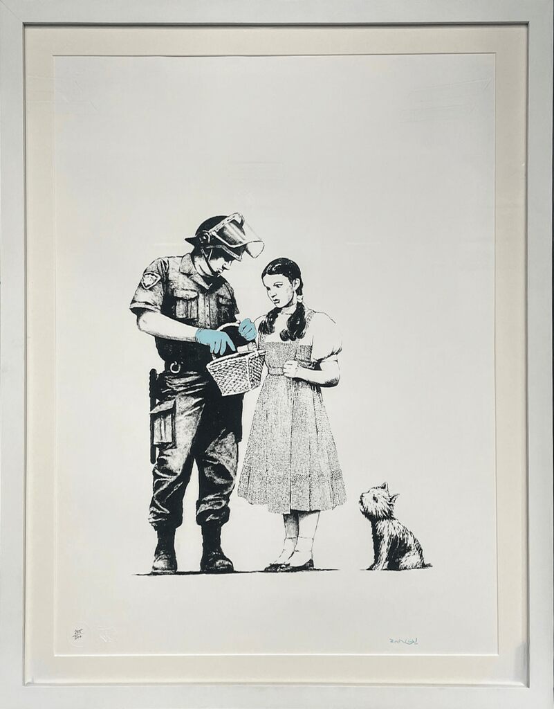 A pale-framed print shows a uniformed figure inspecting a girl's basket with a dog nearby.
