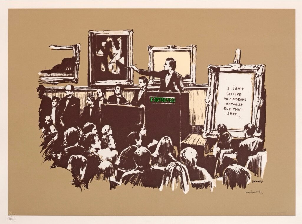A sepia auction scene shows an auctioneer and seated bidders beside a panel reading “I CAN'T BELIEVE YOU MORONS ACTUALLY BUY THIS SHIT”.