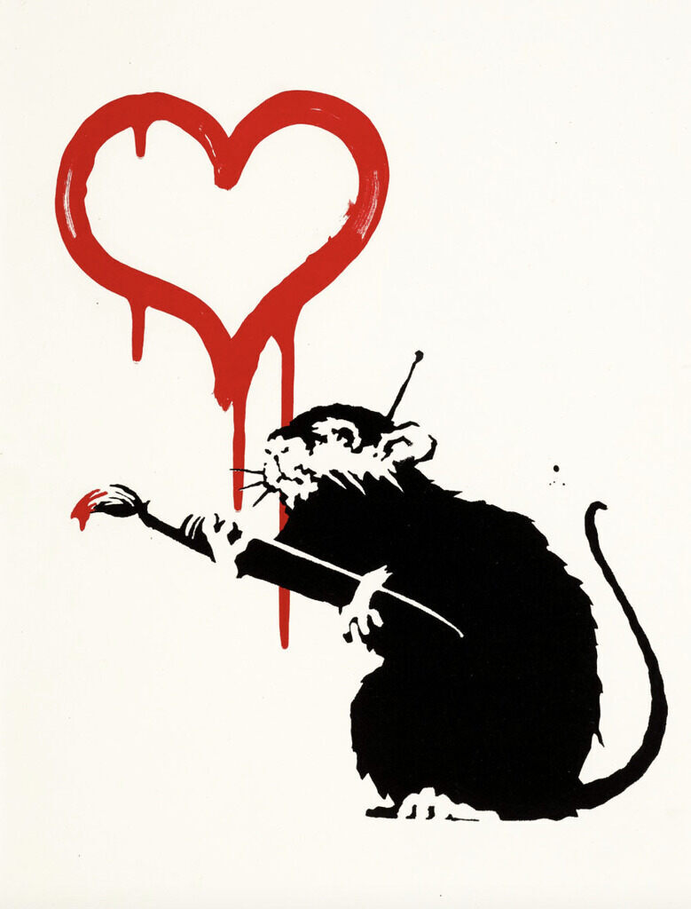 A red heart outline with descending lines appears above a black rat with white face markings and whiskers, tail curling right, holding a brush with red tip extended left.