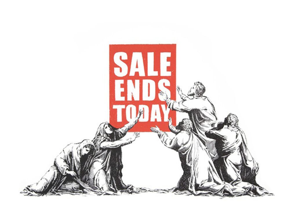 Geklede figuren knielen en reiken naar een rood Sale Ends Today-bord op een witte achtergrond.