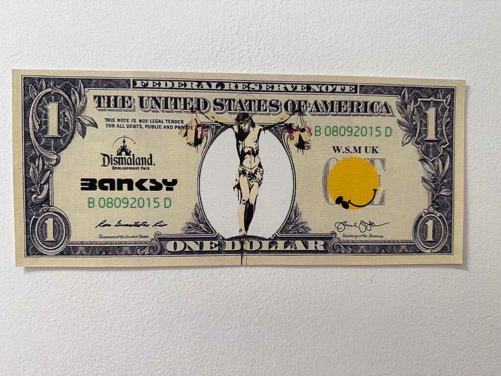 Banksy, DISMALAND DISMAL DOLLAR CANVAS  "CHRIST WITH SHOPPING BAGS ", 2015