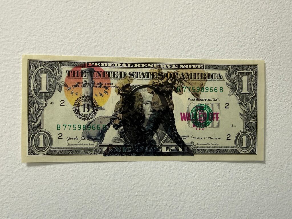Banksy, WALLED OFF HOTEL, US DOLLAR "PILLOW FIGHT" REAL CURRENCY, 2015